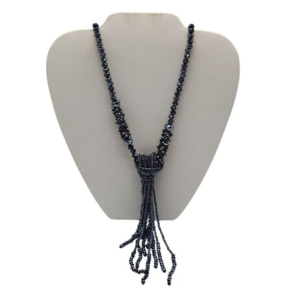 Black Blue Beaded Tassel Necklace With Sparkling Crystal Accents Vintage - Picture 1 of 8